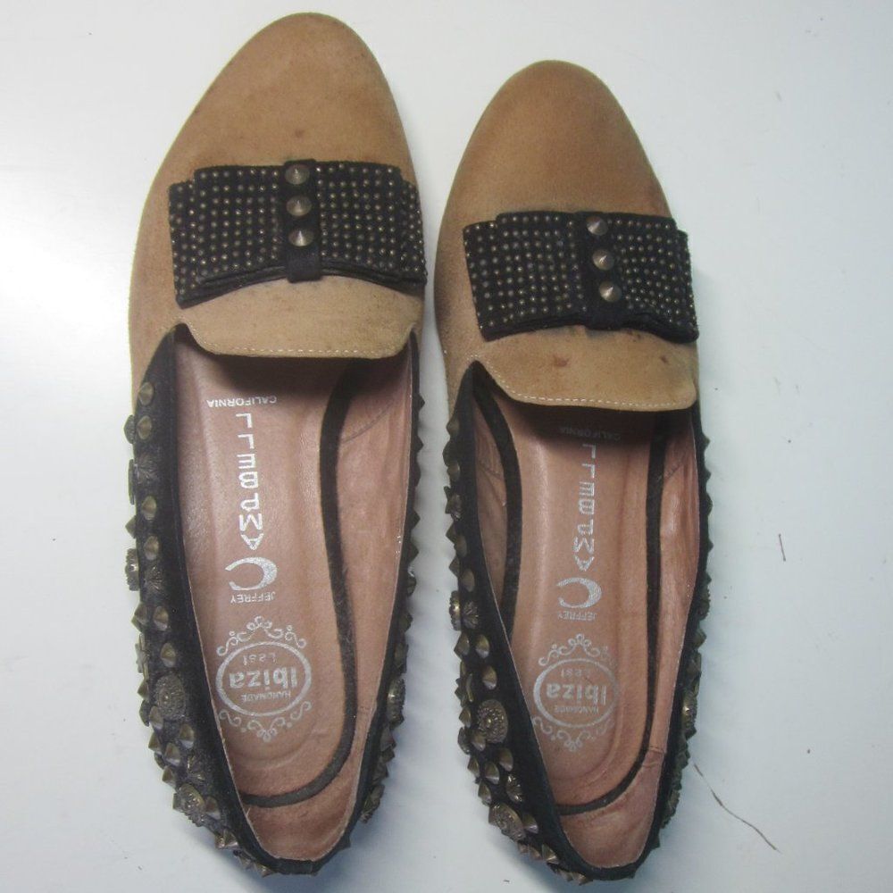 Jeffery Campbell Womens Size 7.5 Slip On Flats Studded Bow Loafer Tan / Black
